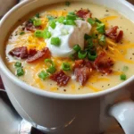 Baked potato soup topped with crispy bacon, shredded cheddar, sour cream, and green onions