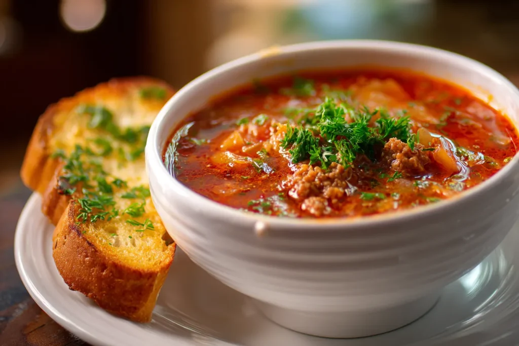 cabbage roll soup with garlic bread