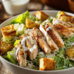 Chicken Caesar salad being assembled with homemade croutons