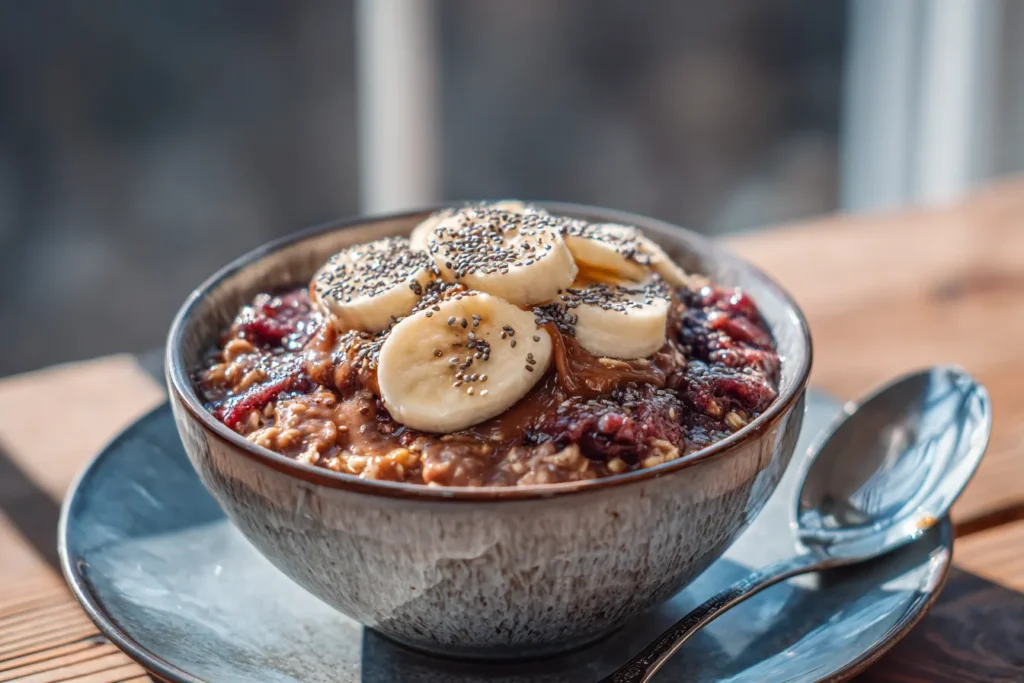 chocolate peanut butter and jelly oats with banana