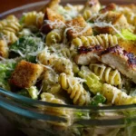 Easy Chicken Caesar Pasta Salad in a glass bowl with grilled chicken, rotini pasta, croutons, and Caesar dressing