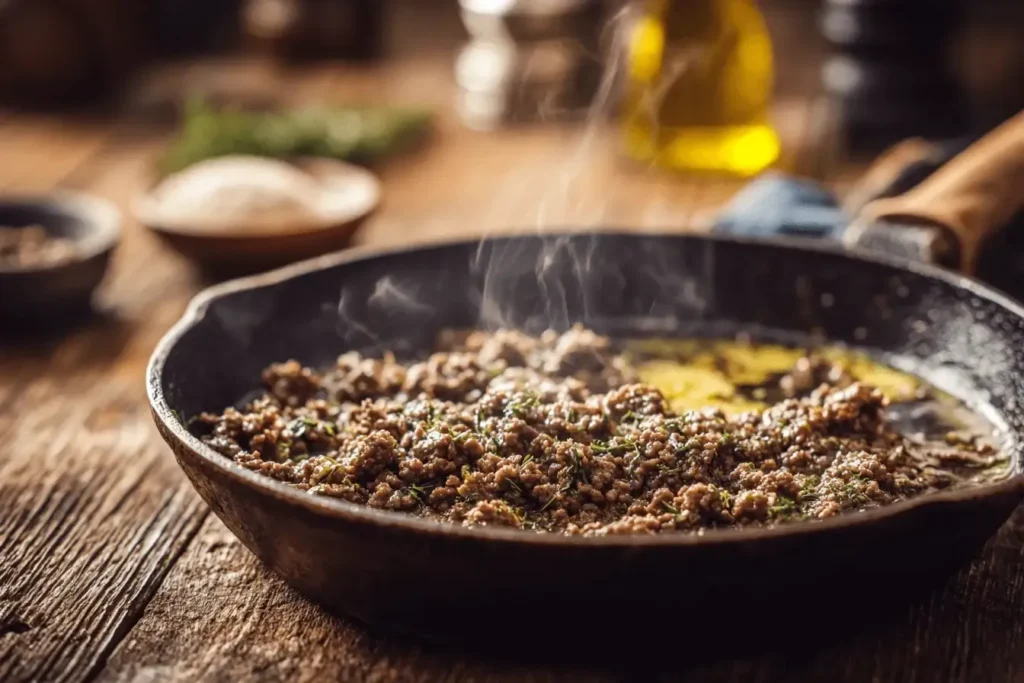 Garlic butter and ground beef cooking for penne pasta