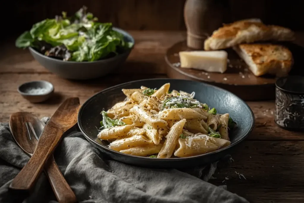 Cheesy Penne with Garlic Butter Ground Beef and Caesar salad