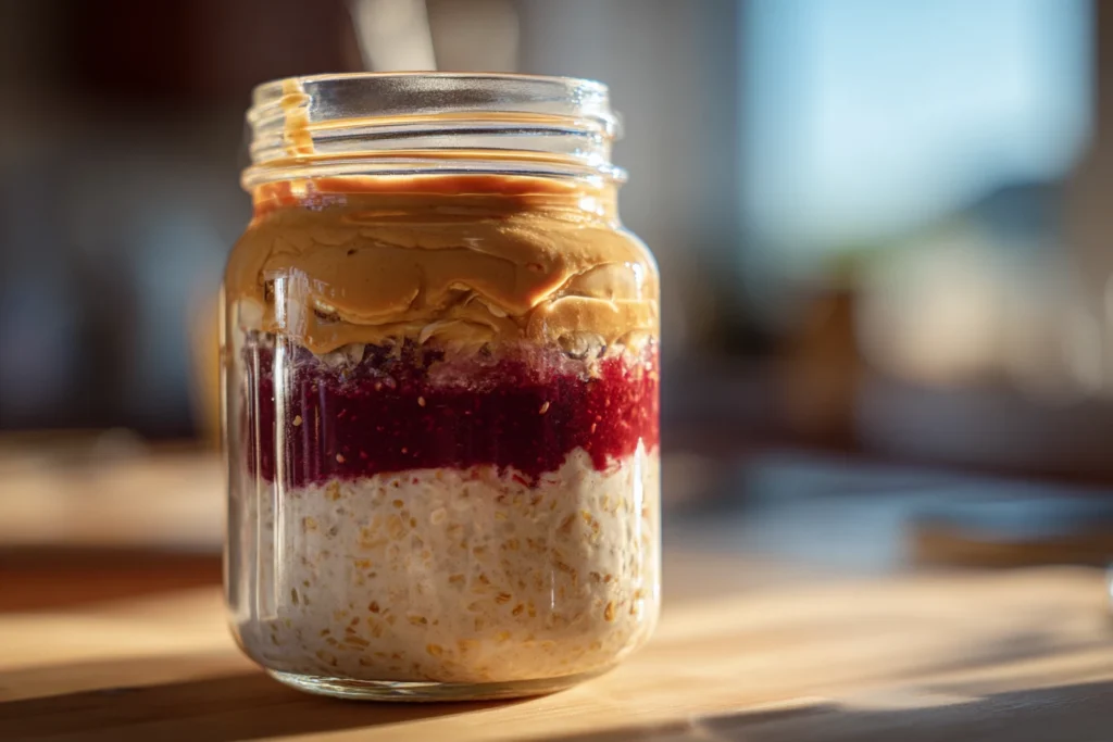 layering peanut butter and jelly oats in jar