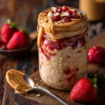 peanut butter and jelly oats in a mason jar with strawberries and peanut butter spoon