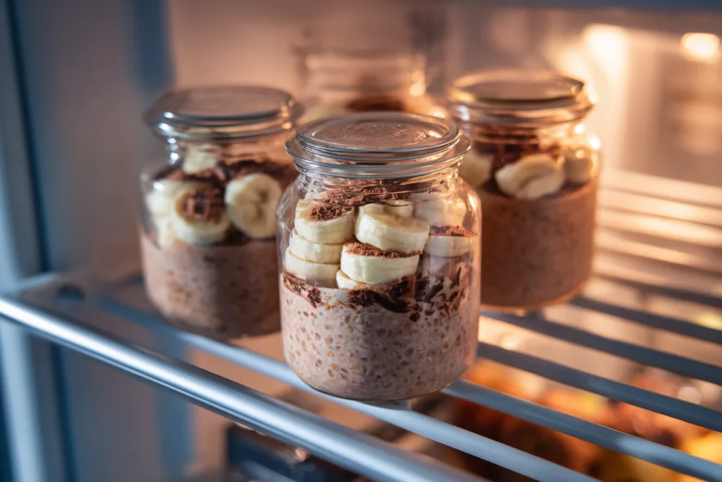 Chocolate banana overnight oats stored in fridge