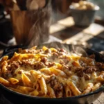 Close-up of cheesy penne with garlic butter and ground beef in a steaming black skillet on a rustic wooden table